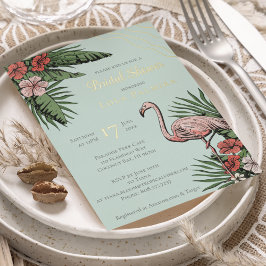 Invitación Con Relieve Metalizado Flamingo tropical floral Bridal Shower Gold