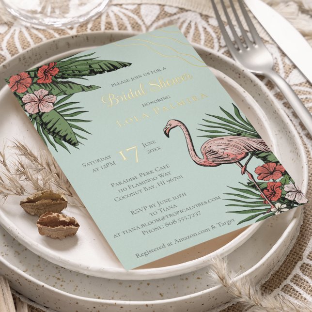 Invitación Con Relieve Metalizado Flamingo tropical floral Bridal Shower Gold (Elegant, Chic Turquoise Floral Flamingo & Hibiscus Flower Tropical, Summer, Beach Wedding Invitation)