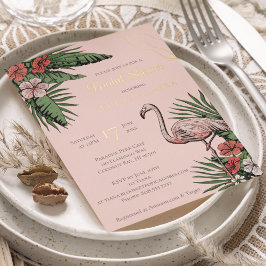Invitación Con Relieve Metalizado Flamingo Tropical Floral Coral Bridal Shower Gold