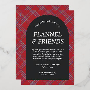 Invitación Con Relieve Metalizado Flannel negro rojo moderno y Navidades de amigos