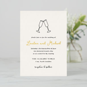 Invitación Con Relieve Metalizado Flautas Dibujadas a Mano Garabato Boda Moderna