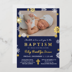 Invitación Con Relieve Metalizado Flechas de nieve azul de la marina foto bautizo de