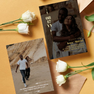 Invitación Con Relieve Metalizado Flechas doradas y foto de boda con fecha en oro