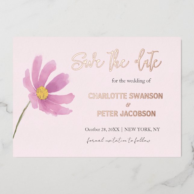 Invitación Con Relieve Metalizado Flor acuarela rosa Cosmos Guardar la fecha (Anverso)