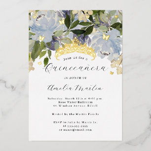 Invitación Con Relieve Metalizado Flor Brillo Mariposas Polvoriento Azul Quinceañera