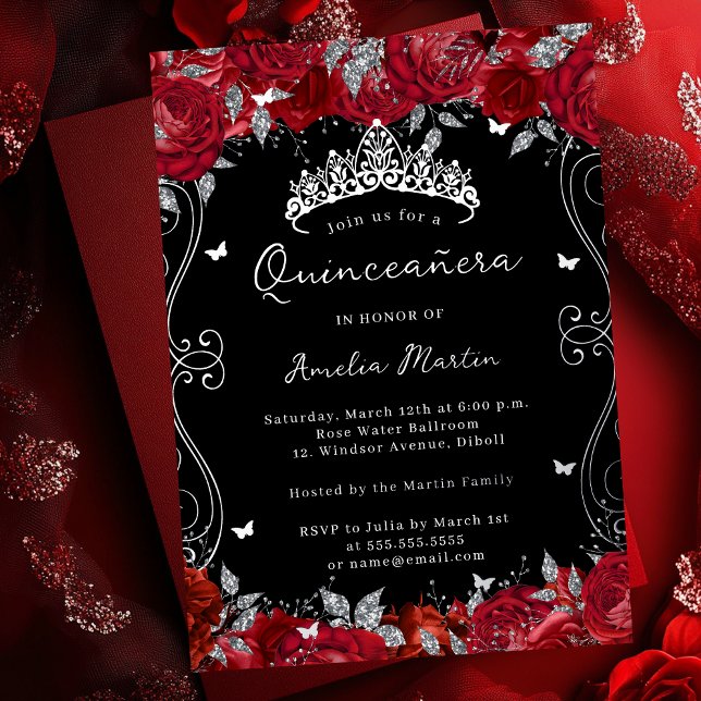 Invitación Con Relieve Metalizado Flor de barrido rojo plateado Quinceanera (Subido por el creador)