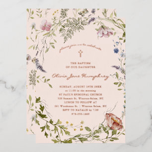 Invitación Con Relieve Metalizado Flor de campo Primavera Verano Floral Bautizo 