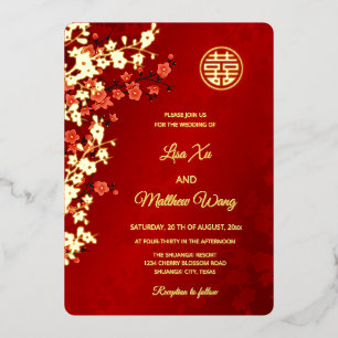 Invitación Con Relieve Metalizado FLOR DE CEREZO BILINGÜE Dorada Boda China