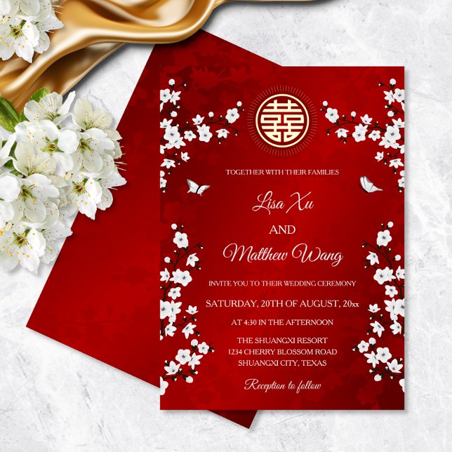 Invitación Con Relieve Metalizado Flor de cerezo blanco | Boda chino rojo (Subido por el creador)