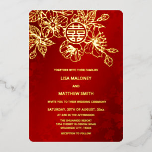 Invitación Con Relieve Metalizado Flor de Cerezo de Bodas Chinas de Oro Rojo