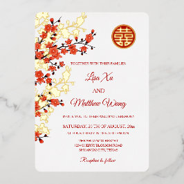 Invitación Con Relieve Metalizado Flor de cerezo de oro rojo | Boda china