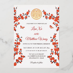 Invitación Con Relieve Metalizado Flor de cerezo roja Boda china
