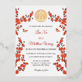 Invitación Con Relieve Metalizado Flor de cerezo rojo | Boda chino
