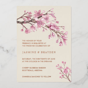 Invitación Con Relieve Metalizado Flor de cerezo rosa floral boda oro rosa