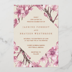 Invitación Con Relieve Metalizado Flor de Cerezo Rosa Geométrico Boda Oro Rosa