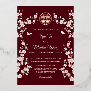 Invitación Con Relieve Metalizado Flor de cerezo rosa polvoriento Boda china