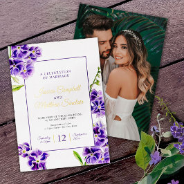 Invitación Con Relieve Metalizado Flor de cielo morado y boda de verano dorado