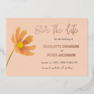 Invitación Con Relieve Metalizado Flor de color de agua Cosmos Peach Save The Date