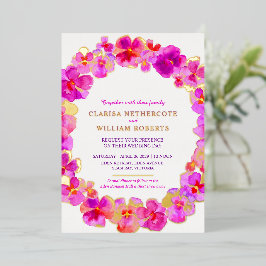 Invitación Con Relieve Metalizado Flor de color de agua rosa pansy boda oro