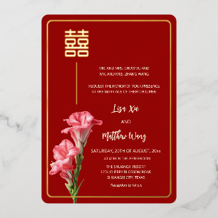 Invitación Con Relieve Metalizado Flor de gladiolo rojo dorado boda china