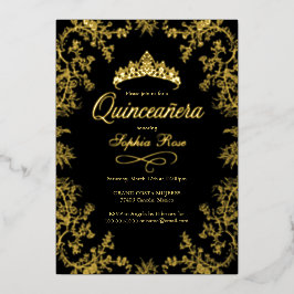 Invitación Con Relieve Metalizado Flor de la Corona Negra Real de Oro Quinceanera