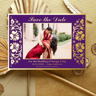 Invitación Con Relieve Metalizado Flor de Loto India Guardar la Fecha con Foto Dorad
