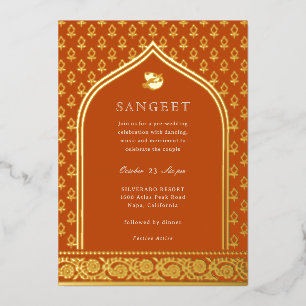 Invitación Con Relieve Metalizado Flor de Marigold Floral Hindú Sangeet Oro