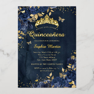 Invitación Con Relieve Metalizado Flor de mariposa de la marina Elegante Quinceanera