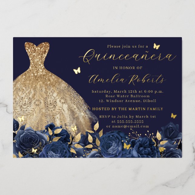 Invitación Con Relieve Metalizado Flor de mariposa dorada con vestido de marina (Anverso)