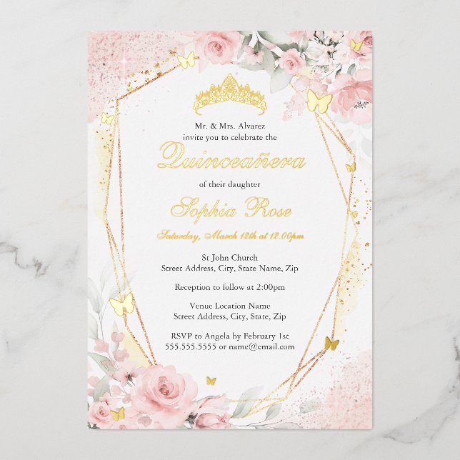 Invitación Con Relieve Metalizado Flor de mariposa dorada rosa Rubor Quinceanera (Anverso)