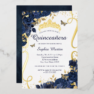 Invitación Con Relieve Metalizado Flor de Mariposa Elegante Azul Marino Dorado Quinc