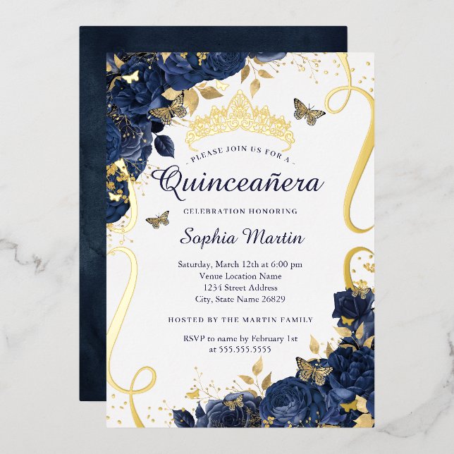 Invitación Con Relieve Metalizado Flor de mariposa Elegante Marina Oro Quinceanera (Anverso/Reverso)
