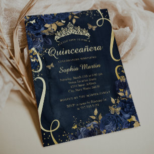 Invitación Con Relieve Metalizado Flor de Mariposa Elegante Quinceañera Dorada Azul
