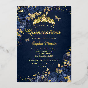 Invitación Con Relieve Metalizado Flor de Mariposa Oro Armada Real Quinceañera