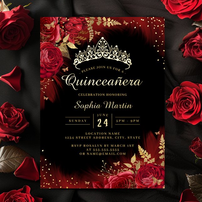 Invitación Con Relieve Metalizado Flor de mariposa roja de oro Quinceanera (Subido por el creador)