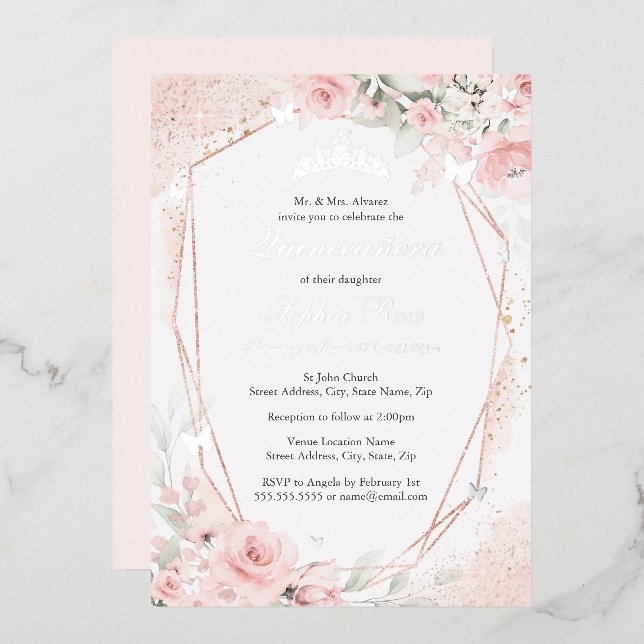 Invitación Con Relieve Metalizado Flor de mariposa Rubor rosa plateado Quinceanera (Anverso/Reverso)