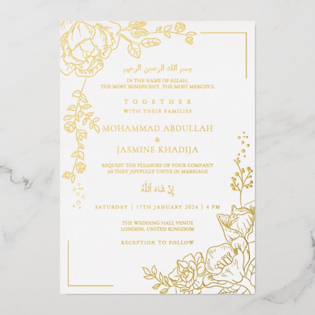 Invitación Con Relieve Metalizado Flor de oro Boda musulmán moderno Nikah (Anverso)