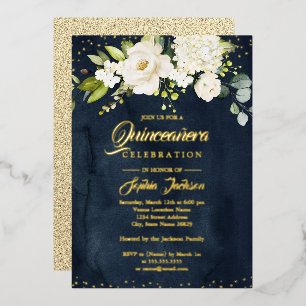 Invitación Con Relieve Metalizado Flor de oro con brillo de lámina dorada Quinceañer