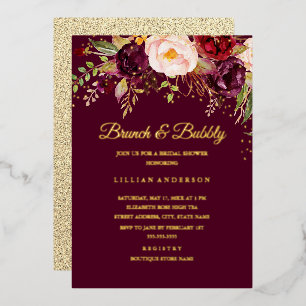 Invitación Con Relieve Metalizado Flor de papel de oro Burgundy Brunch y burbujas