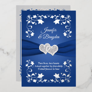 Invitación Con Relieve Metalizado Flor de papel plateado, Corazones unidos de boda