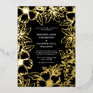 Invitación Con Relieve Metalizado Flor dorada marco elegante boda negro