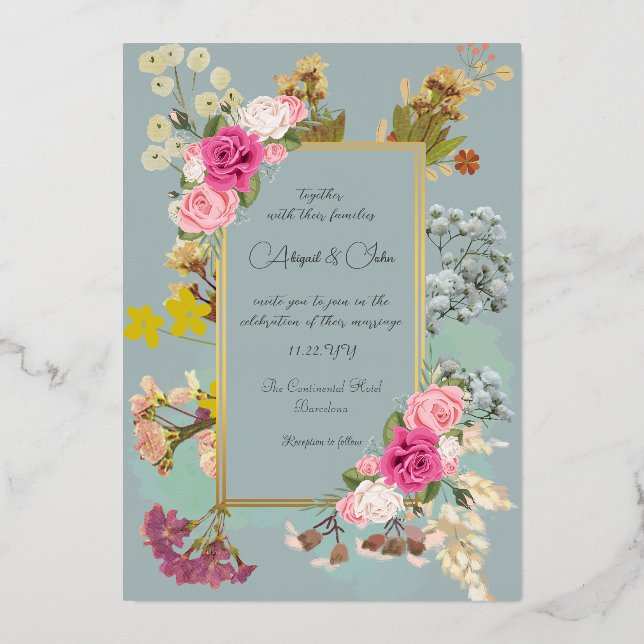 Invitación Con Relieve Metalizado Flor elegante Boda Periwinkle (Anverso)