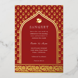 Invitación Con Relieve Metalizado Flor Marigold Indio Floral Sangeet Gold