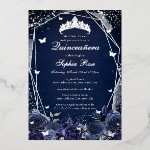 Invitación Con Relieve Metalizado Flor marina Tiara Silver Quinceanera