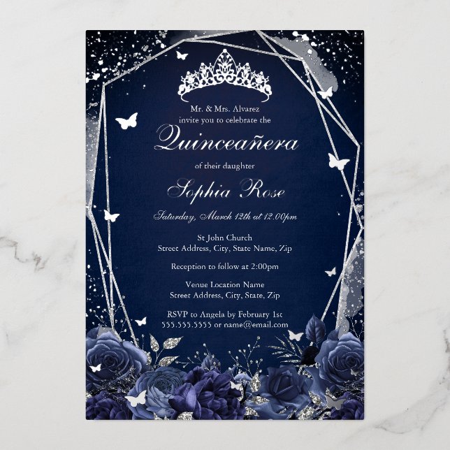 Invitación Con Relieve Metalizado Flor marina Tiara Silver Quinceanera (Anverso)