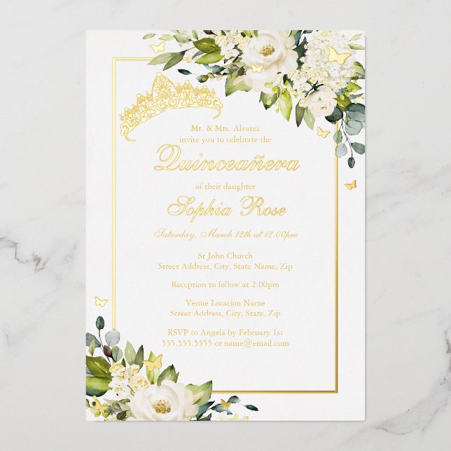 Invitación Con Relieve Metalizado Flor Mariposa Dorada Quinceanera (Anverso)