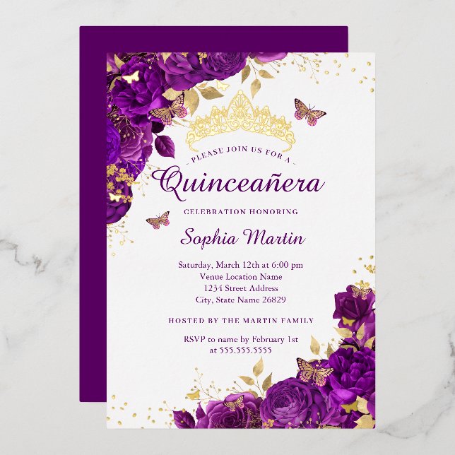 Invitación Con Relieve Metalizado Flor Mariposa Elegante Púrpura Quinceanera (Anverso/Reverso)