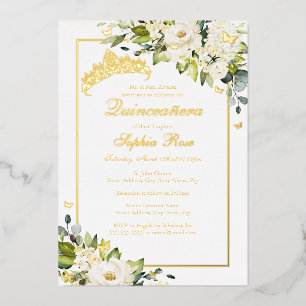 Invitación Con Relieve Metalizado Flor Quinceañera Mariposa Dorada