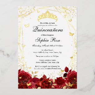 Invitación Con Relieve Metalizado Flor Red Gold Tiara Quinceanera