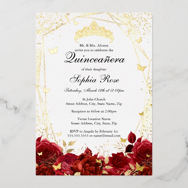 Invitación Con Relieve Metalizado Flor Red Gold Tiara Quinceanera (Anverso)